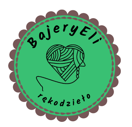 Logo sklep Bajery Eli- zielone koło z brążową falbanką, w środku koła serce z nitki, na obwodzie napis: BajeryEli rękodzieło