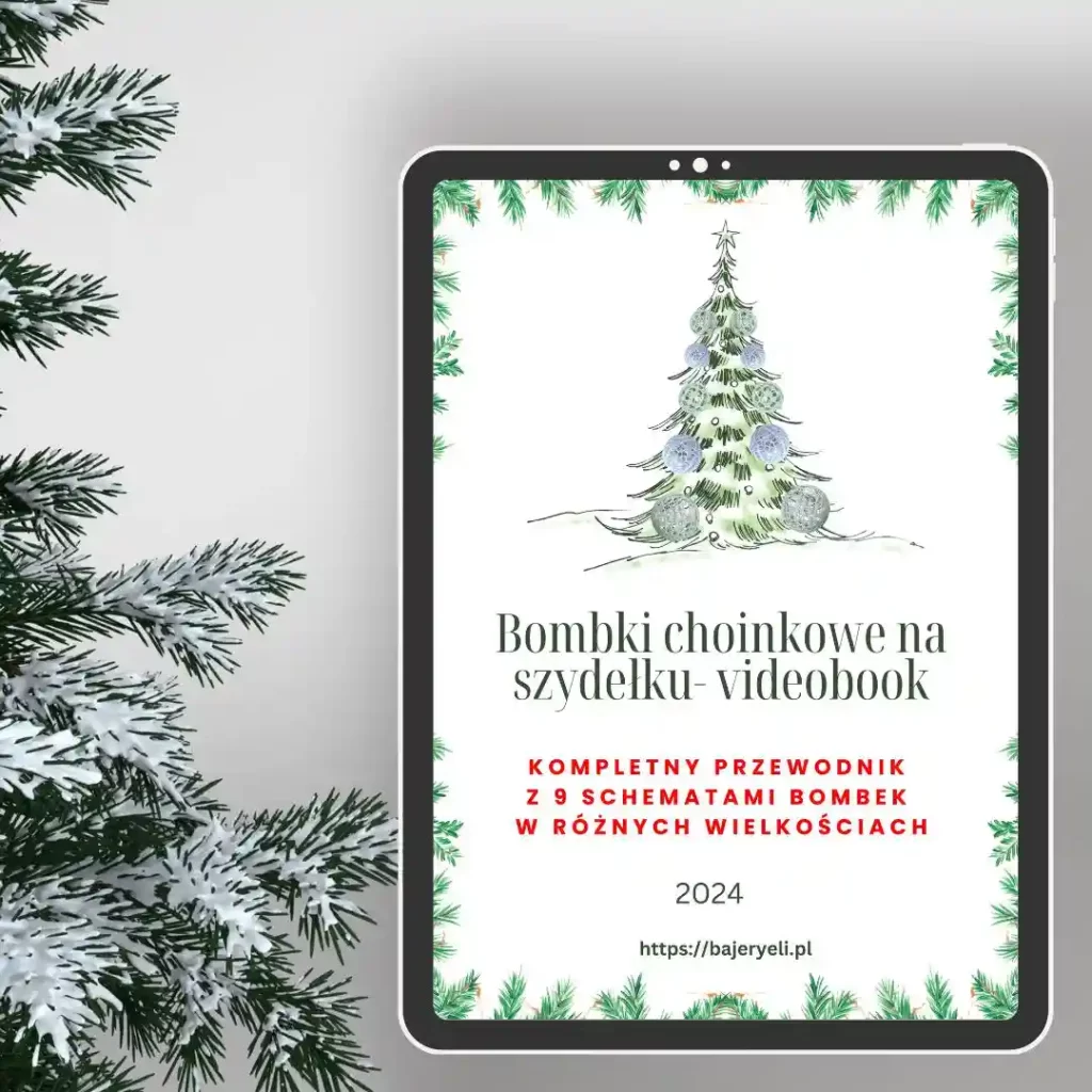 Okładka cyfrowego produktu "Bombki choinkowe na szydełku- videobook" przedstawiająca ilustrację ubranej choinki. Poniżej znajduje się czerwony podtytuł: "Kompletny przewodnik z 9 schematami bombek w różnych wielkościach" oraz informacja "2024" i link bajeryeli.pl.