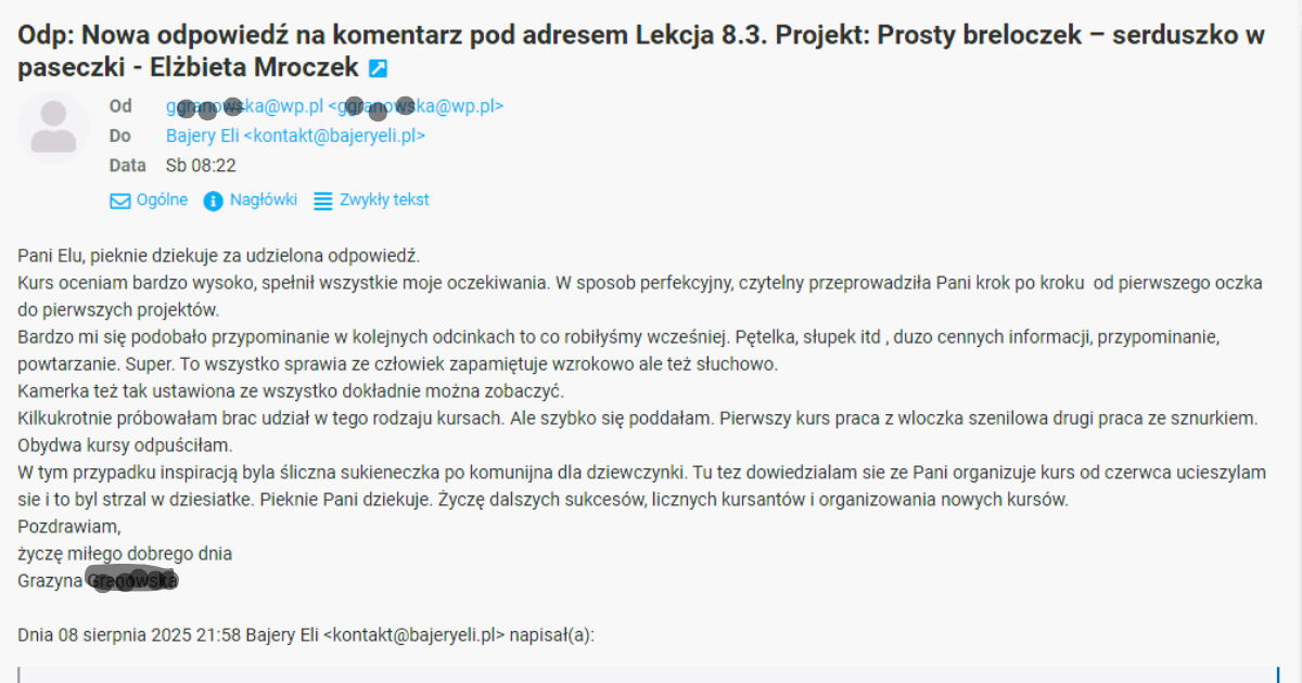Tekst opinii na temat kursu Bajery Eli "Podstawy szydełkowania"