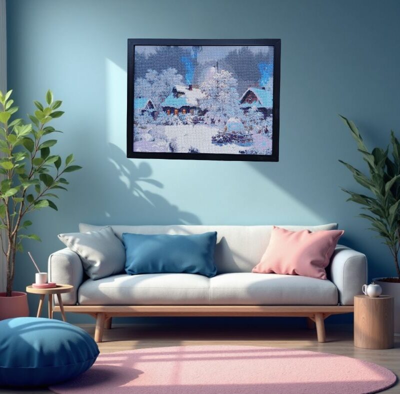 Obraz z koralików Zimowy krajobraz w czarnej ramie, wiszący na niebieskiej ścianie w nowoczesnym salonie nad kanapą.