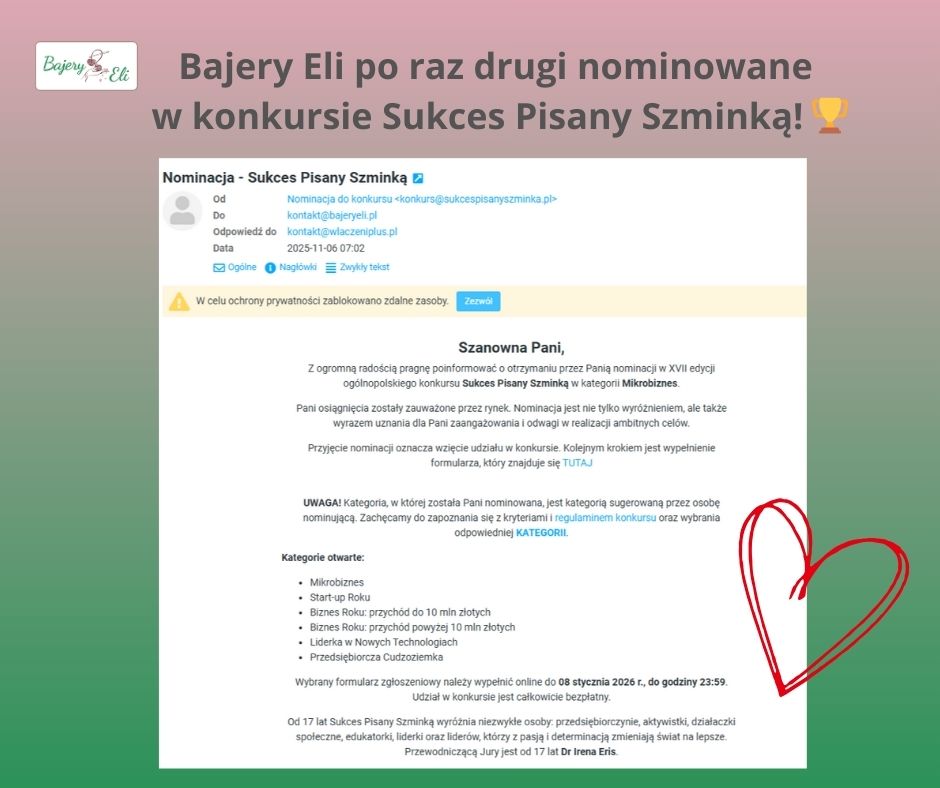 Sukces Bajery Eli -informacja o nominowaniu do konkursu Sukces Pisany Szminką