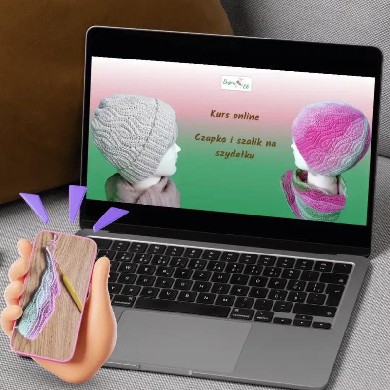 Grafika promująca kurs: "Kurs online Czapka i szalik na szydełku"