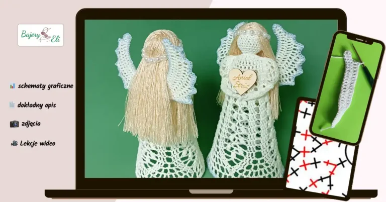 Kurs szydełkowania anioła 3D – dwa aniołki na szydełku z włosami i skrzydłami, lekcje wideo, schematy graficzne i instrukcja krok po kroku widoczne na laptopie i telefonie