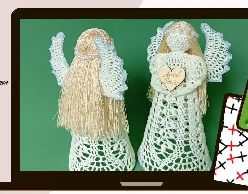 Kurs szydełkowania anioła 3D – dwa aniołki na szydełku z włosami i skrzydłami, lekcje wideo, schematy graficzne i instrukcja krok po kroku widoczne na laptopie i telefonie