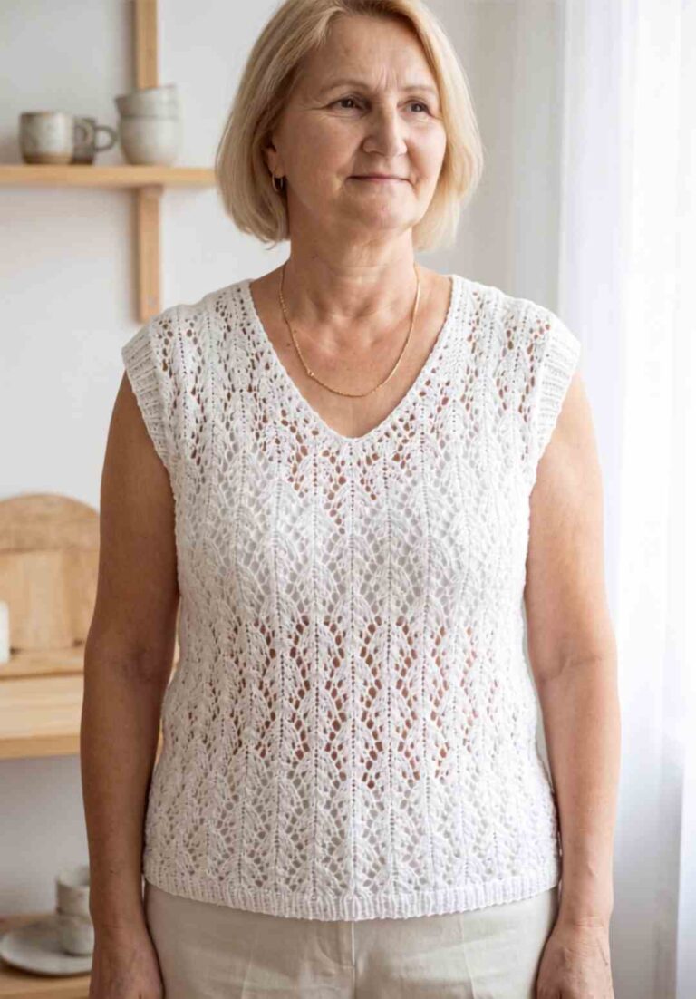 Biała ażurowa bluzka handmade z dekoltem w serek, ręcznie dziergana na drutach, prezentowana na sylwetce dojrzałej kobiety w jasnym wnętrzu.