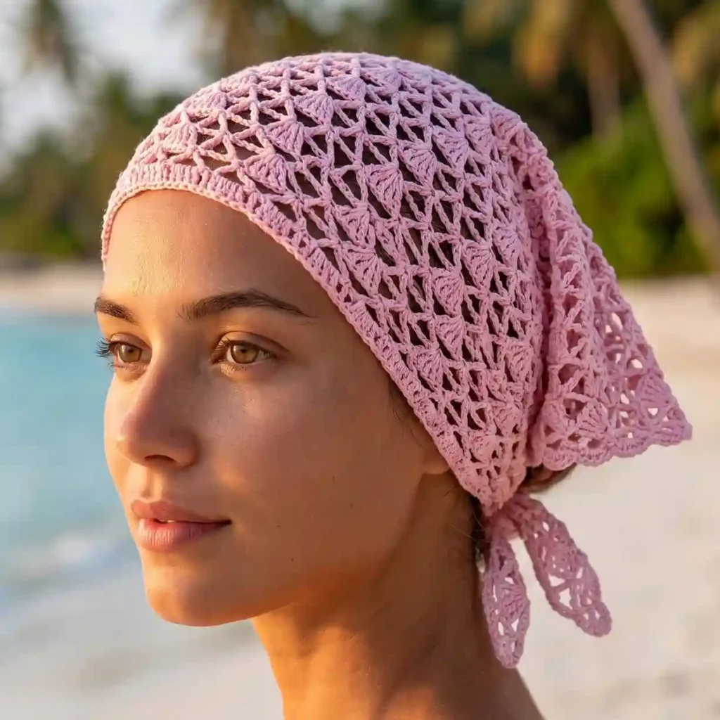 Chustka bandana zrobiona na szydełku prezentowana na głowie modelki.