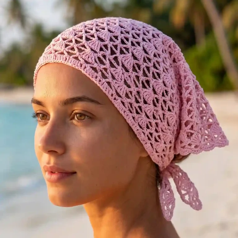 Chustka bandana zrobiona na szydełku prezentowana na głowie modelki.