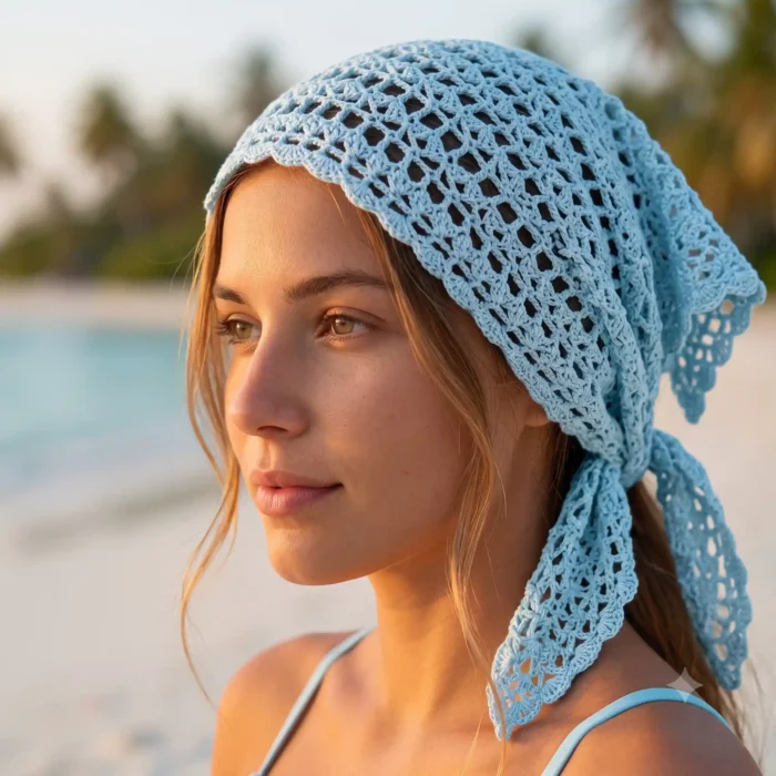 Szydełkowa chustka bandana prezentowana na głowie modelki