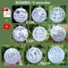 Kolaż na zielonym tle prezentujący 9 wzorów bombek choinkowych na szydełku w formie e-booka PDF z instrukcjami wideo YouTube. Zdjęcia bombek są podzielone na trzy rzędy według konkretnych średnic: 6 cm, 8 cm oraz 10 cm, z widocznymi ikonami formatów plików.