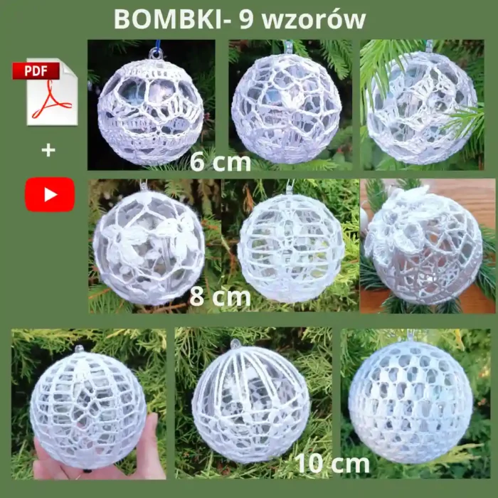 Kolaż na zielonym tle prezentujący 9 wzorów bombek choinkowych na szydełku w formie e-booka PDF z instrukcjami wideo YouTube. Zdjęcia bombek są podzielone na trzy rzędy według konkretnych średnic: 6 cm, 8 cm oraz 10 cm, z widocznymi ikonami formatów plików.